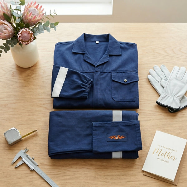 Poly Cotton Conti Overalls 2-Piece with Reflective Tape folded on a wooden table.