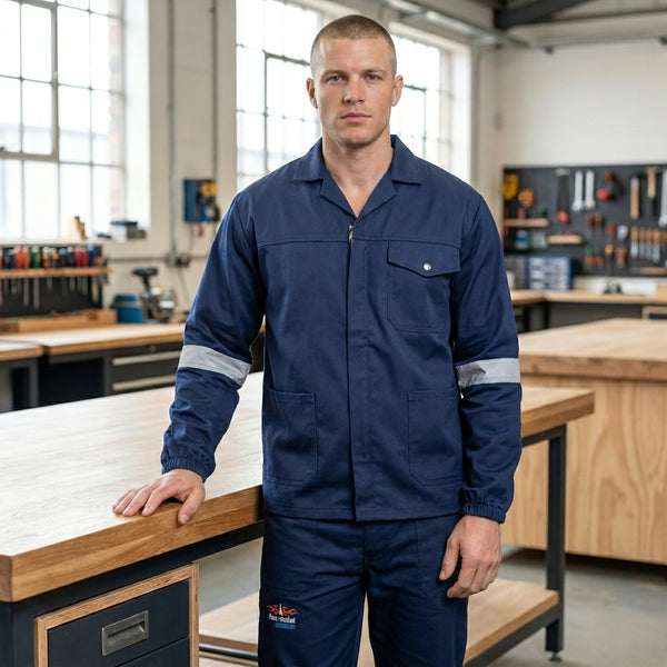 Poly Cotton Conti Overalls 2-Piece with Reflective Tape model standing in a workshop environment.