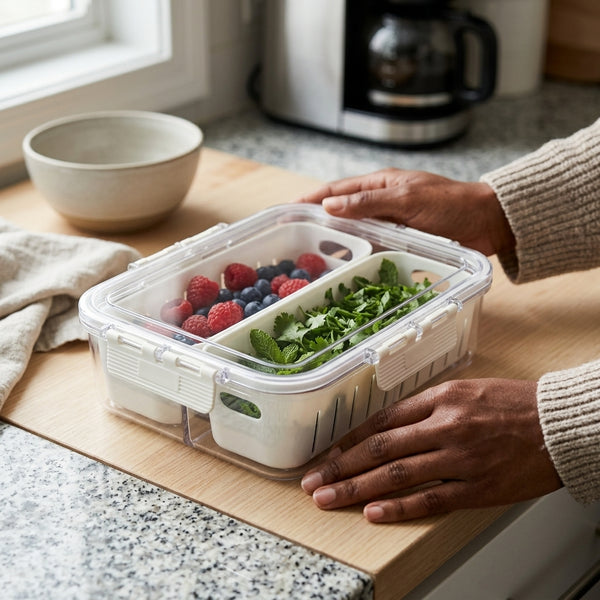 2 Section Plastic Snack Storage Container with Lid holding fresh fruits and herbs on a kitchen counter.