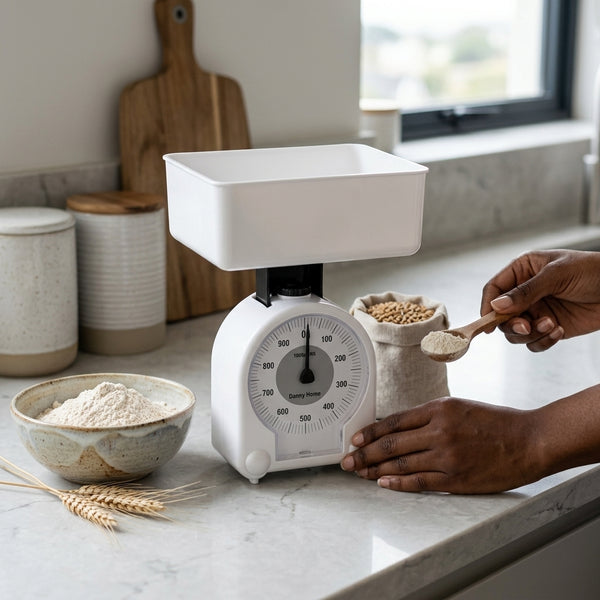 Mechanical Kitchen Scale 1kg measuring flour with scoop in a kitchen setting, showcasing accuracy in baking.