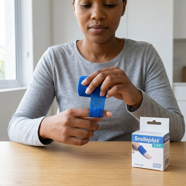 Person applying the Athletic Stretch Elastic Self Adhesive Medical Bandage while sitting at a table.