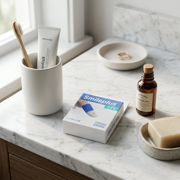 Athletic Stretch Elastic Self Adhesive Medical Bandage displayed on a marble countertop with essential oil and other products.