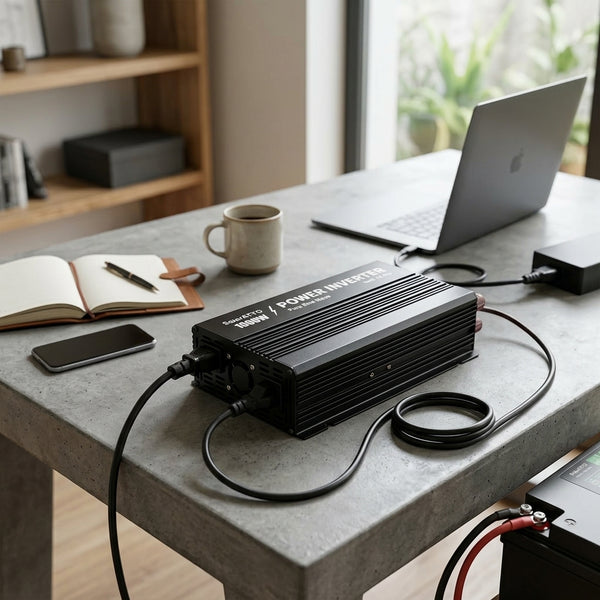 High-End Pure Sine Wave Power Inverter on a table with laptop, notebook, and coffee cup in a modern workspace.