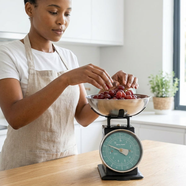 Timeless Mechanical Kitchen Scale 5kg in use, measuring grapes in a kitchen environment.