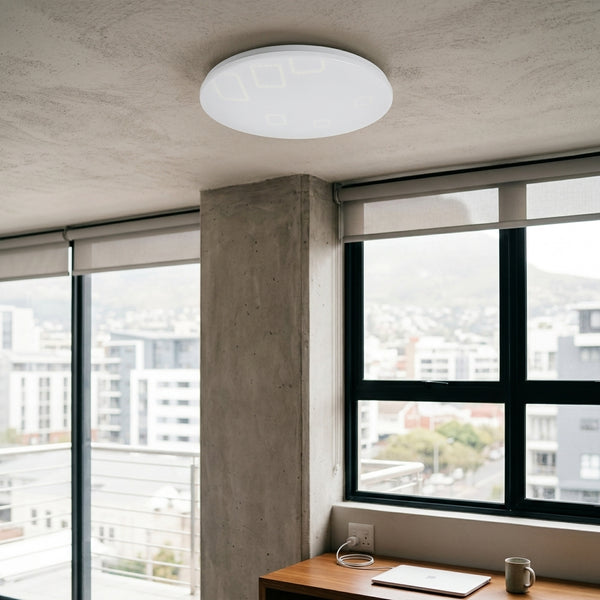 24W Rechargeable Emergency LED Ceiling Light illuminating a modern indoor space during the day.