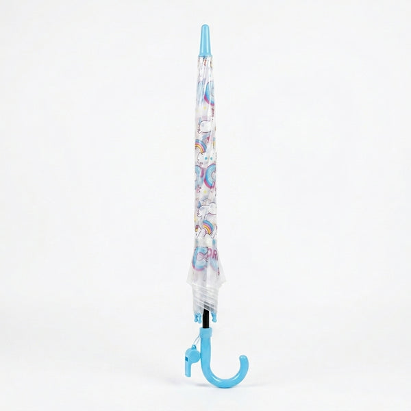 Reinforced Transparent Windproof Long Handle Umbrella with rainbow design and a blue handle.