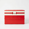 Foldable Plastic Storage Box with Lid in red and white for organizing household items.