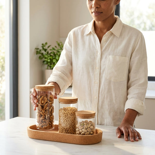 A person using a Stackable Borosilicate Glass Storage Jar with Bamboo Lid for organizing dry goods in a stylish kitchen.
