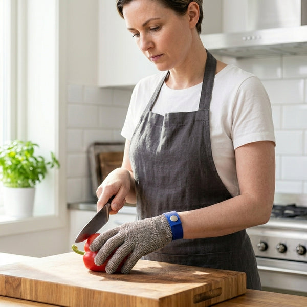 Woman using a knife while wearing Level 9 Stainless Steel Mesh Cut Resistant Glove in a kitchen setting.