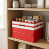 Foldable Plastic Storage Box with Lid organized on a shelf, holding jars and canned goods for efficient storage.
