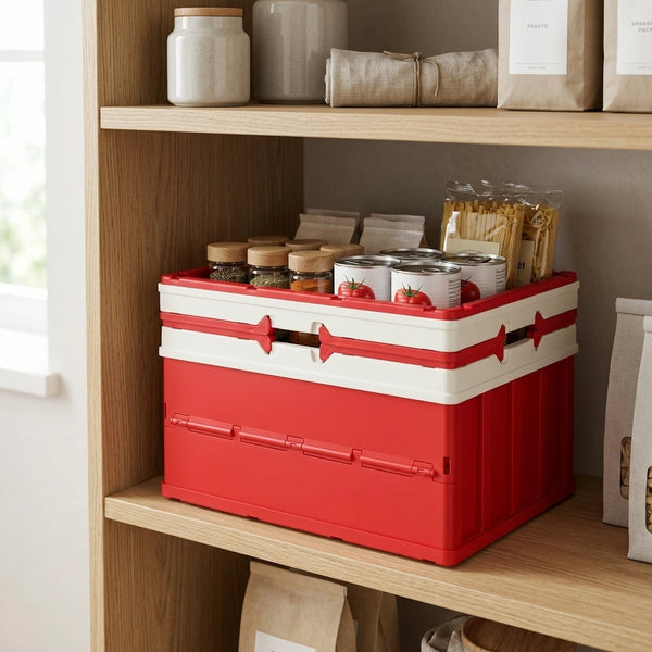 Foldable Plastic Storage Box with Lid organized on a shelf, holding jars and canned goods for efficient storage.