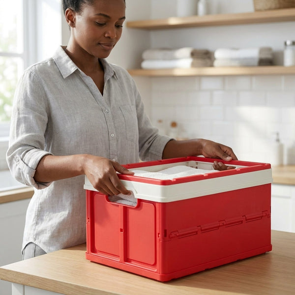 Woman using Foldable Plastic Storage Box with Lid in a modern kitchen to organize items.