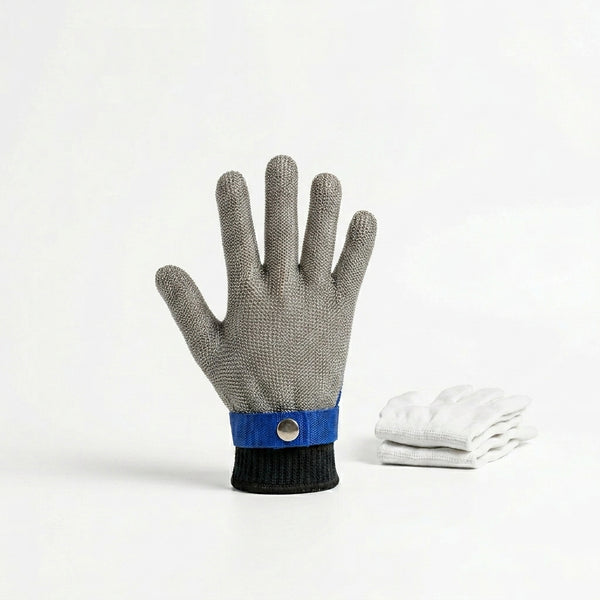 Level 9 Stainless Steel Mesh Cut Resistant Glove next to soft gloves on a plain background.