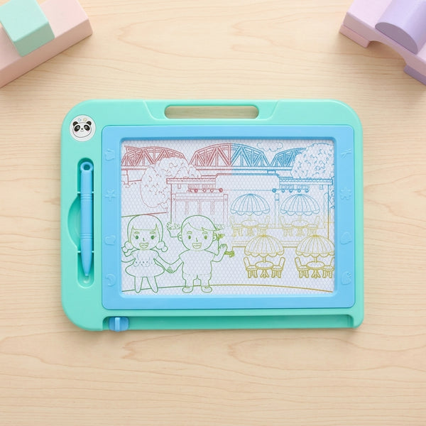 Colorful Magnetic Drawing and Sketch Board featuring a sketch of two kids holding hands.