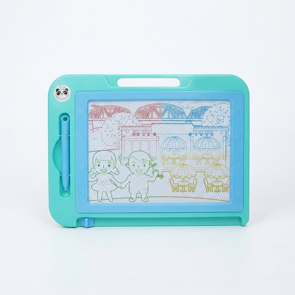 Colorful Magnetic Drawing and Sketch Board with doodles of children and a park background.