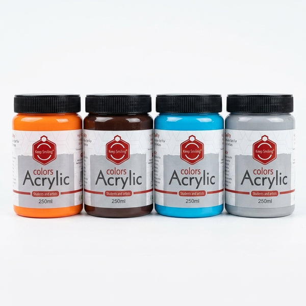 Professional Vivid Acrylic Paint 250ml bottles in vibrant colors featuring orange, brown, blue, and gray shades.