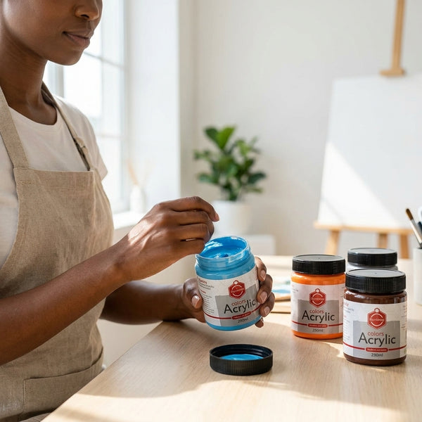 Artist using Professional Vivid Acrylic Paint 250ml jars on a wooden table with paintbrushes.