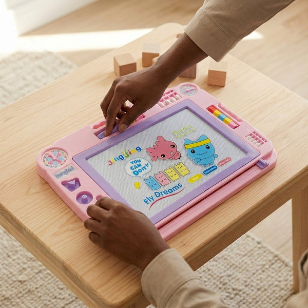 Kids Electronic LCD Writing and Drawing Tablet in use, featuring colorful designs and drawing tools on a wooden table.