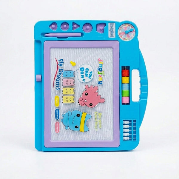 Kids Electronic LCD Writing and Drawing Tablet in blue with colorful buttons and cute characters for creative play.