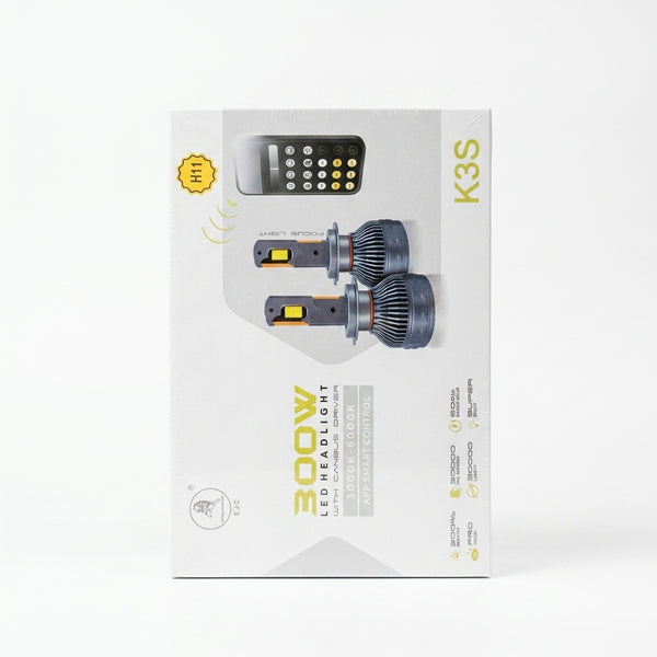 400W LED Headlight Bulbs packaging with LED bulbs and remote control on a white background.