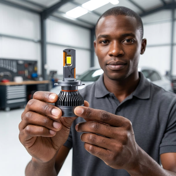 A person holding a 400W LED Headlight Bulbs, showcasing its design and features for automotive lighting.