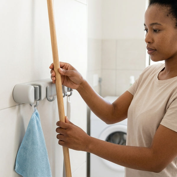 Woman organizing cleaning tools with Wall Mounted 3 Hook Mop and Broom Hanging Rack in the laundry room.