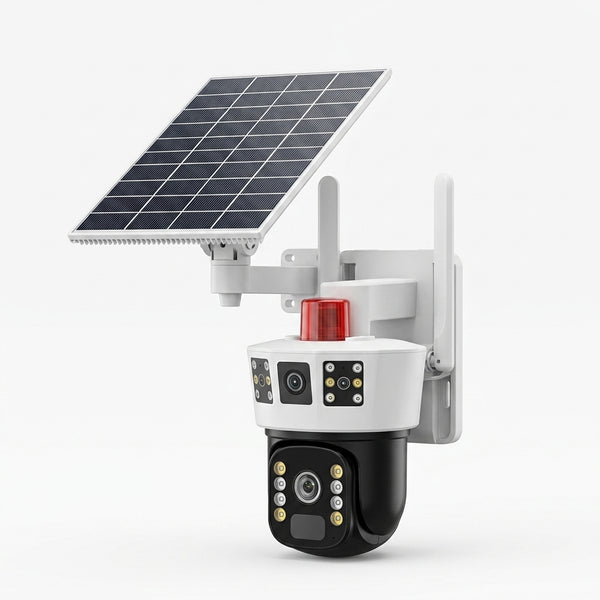 Solar Powered Smart Alarm PTZ Security Camera with solar panel for outdoor monitoring and motion detection.