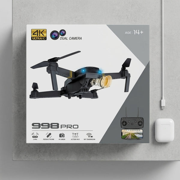 998 PRO 4K Dual Camera Foldable Drone package on gray surface with features highlighted.