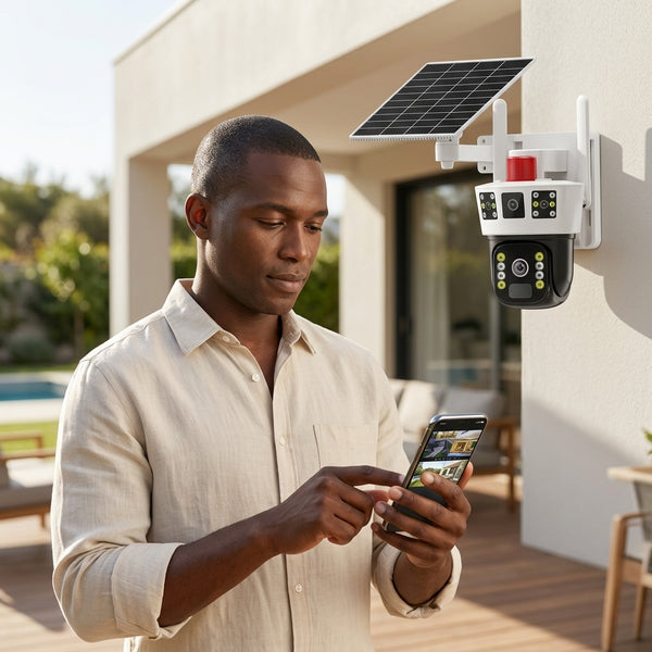 Person using a smartphone to monitor the Solar Powered Smart Alarm PTZ Security Camera with solar panel.