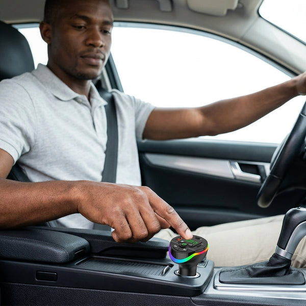 Bluetooth Car MP3 Player FM Transmitter being used in vehicle, with a driver adjusting settings on the device.