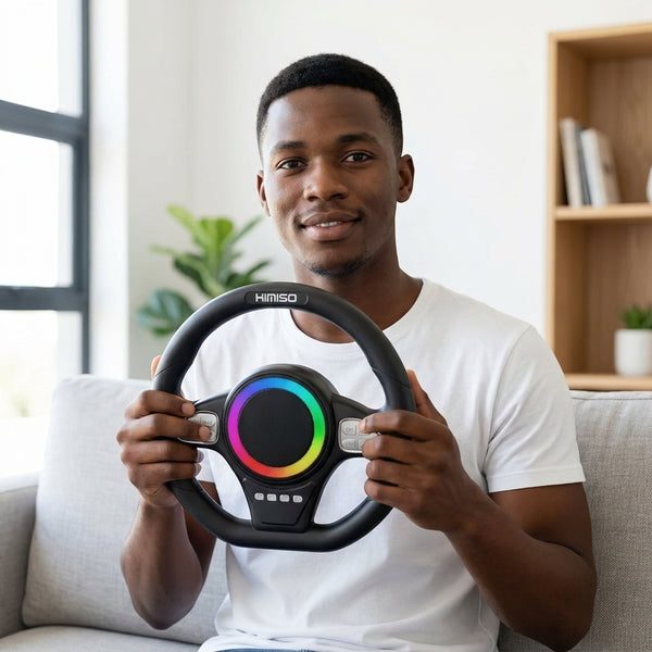 Steering Wheel Bluetooth Speaker held by a man, showcasing hands-free audio and phone holder design for cars.