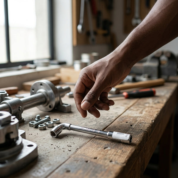 Hand reaching for a Pipe Socket Wrench L-Shaped on a workshop table surrounded by mechanical tools.