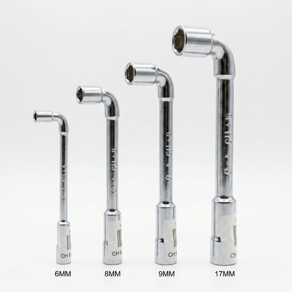 Pipe Socket Wrench L-Shaped set including 6MM, 8MM, 9MM, and 17MM tools for automotive repair.
