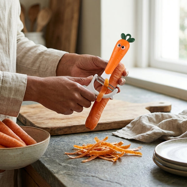 Person using a Cute Cartoon Carrot Vegetable Y-Peeler to peel a carrot in a kitchen setting.