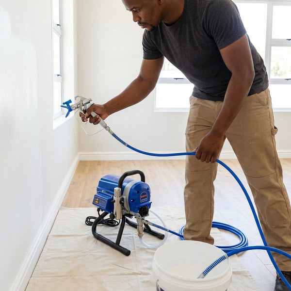 Man using an Airless Paint Sprayer for smooth wall painting in a well-lit room.