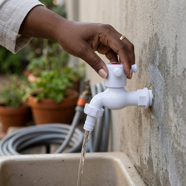 Durable PVC Outdoor Garden Bibcock Tap with hand turning valve to control water flow.