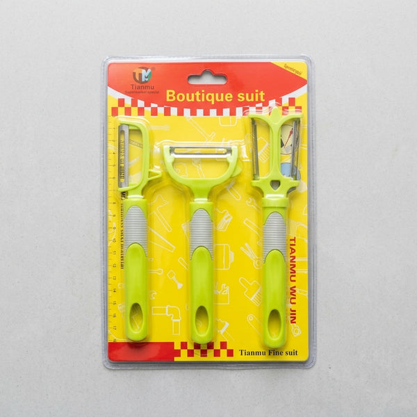 3-Piece Stainless Steel Vegetable Peeler Set with green handles and ergonomic design for easy peeling.