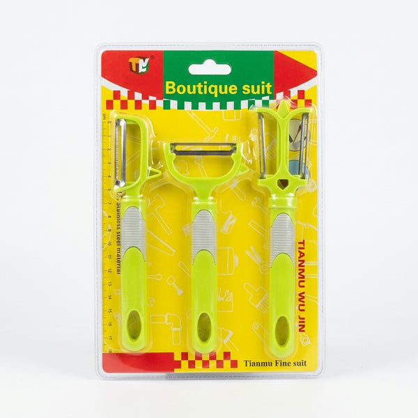3-Piece Stainless Steel Vegetable Peeler Set displayed in packaging for easy kitchen prep.
