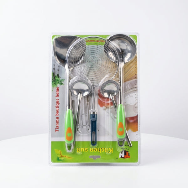 5 Piece Heat Set Tool Set including ladles, strainer, and kitchen utensils for cooking and serving.