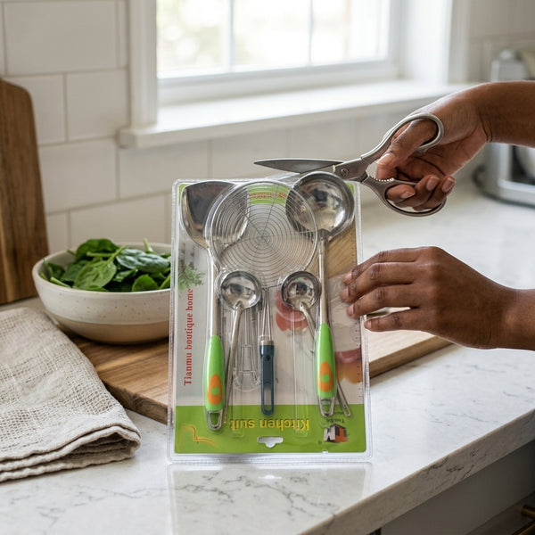 5 Piece Heat Set Tool Set displayed with kitchen items in a modern kitchen environment for precision tasks.