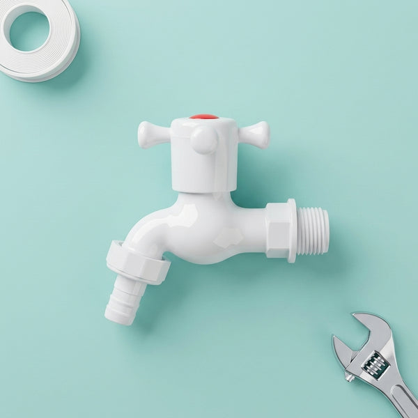 Durable PVC Outdoor Garden Bibcock Tap placed on a turquoise background with plumbing tools.