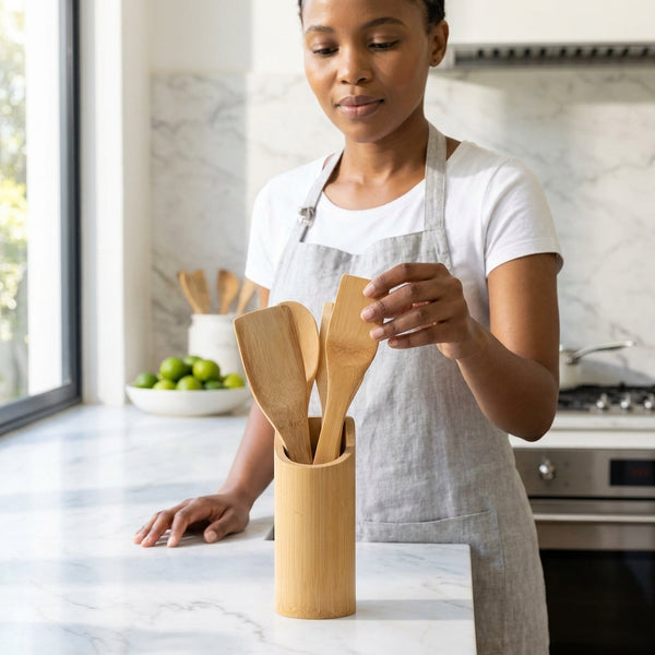 5-Piece Bamboo Kitchen Cooking Utensil Holder
