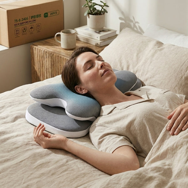 A woman relaxing on a bed with an Adjustable Ergonomic Contour Memory Foam Sleeping Pillow for optimal neck support.