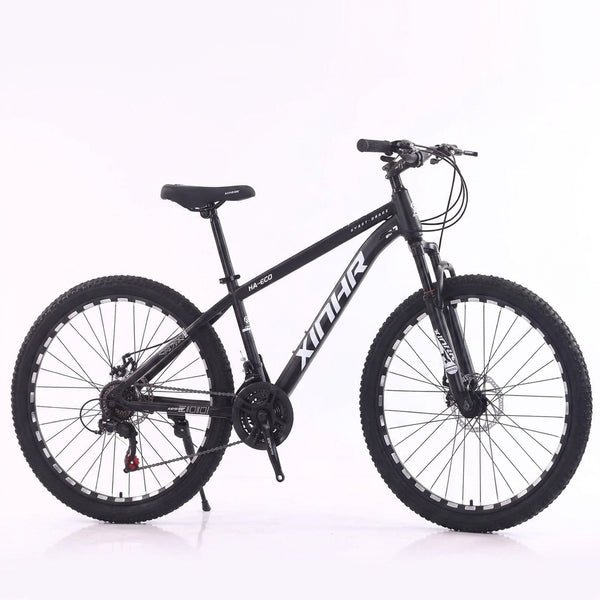 Enduro Mountain Bike with Aluminum Frame and Disc Brakes, featuring black design and robust tires for off-road adventures.
