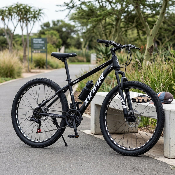 Enduro Mountain Bike with Aluminum Frame and Disc Brakes on a pathway surrounded by greenery.