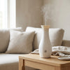 3 in 1 Warm Towel Steamer and Humidifier on a wooden table in a cozy living space with soft cushions.