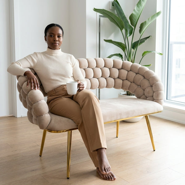 Modern Bubble Bench Upholstered Indoor Seating with a woman holding a cup, showcasing contemporary design and comfort.