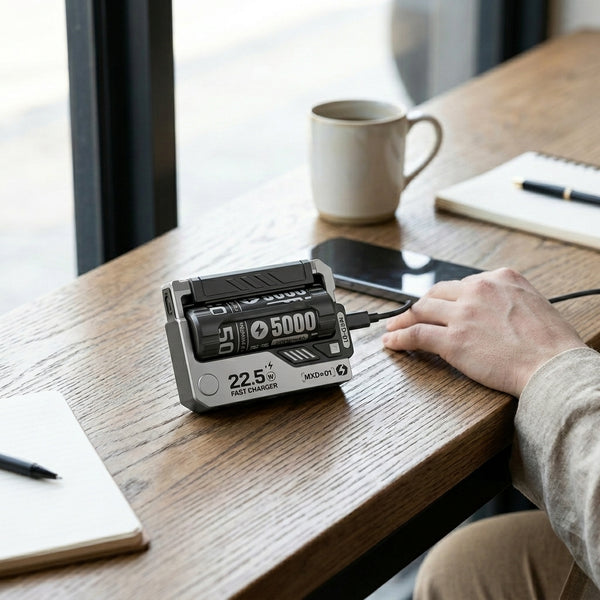 Rechargeable LED Emergency Light with Removable Battery charging on a wooden table with a mug and notebook.