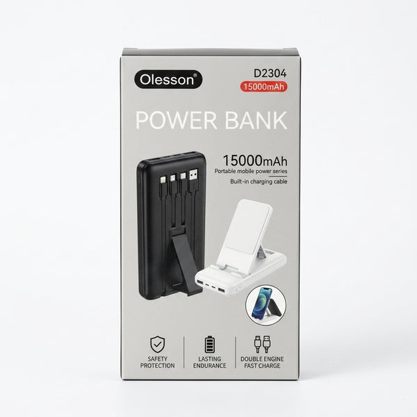 15000 mAh Power Bank with built-in charging cable, LED display, and portable design for everyday use.