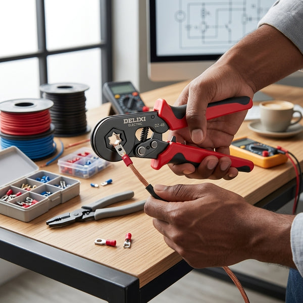 A person using Tubular Terminal Crimping Pliers to secure electrical connections at a workbench with tools and accessories.